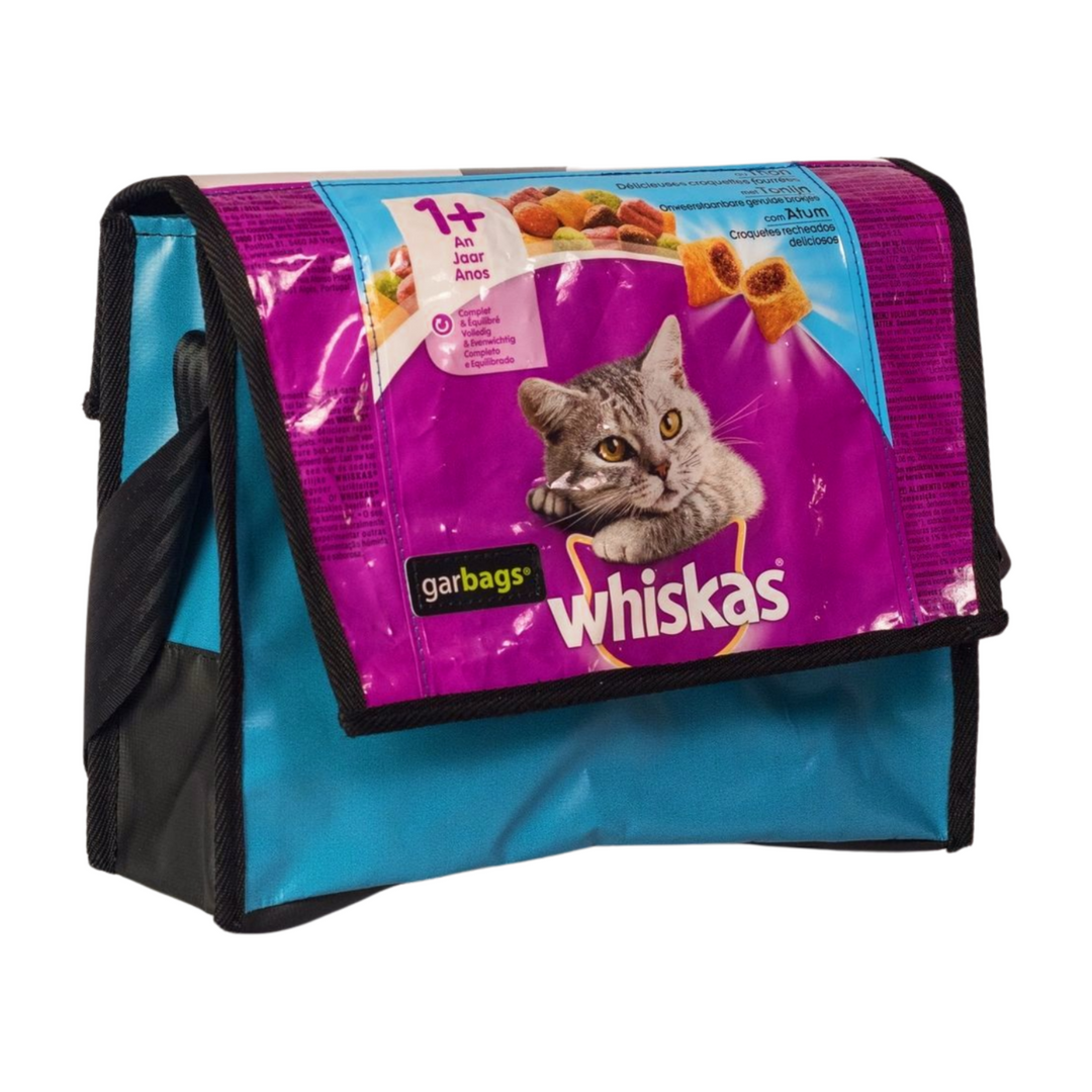 messenger bag M cat food package pink & blue