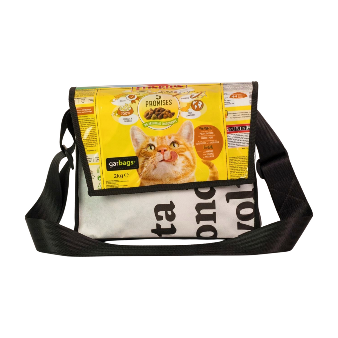 messenger bag M cat food package yellow, white & black letters