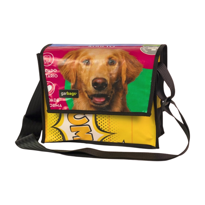 messenger bag M dog food package pink, green & yellow comics