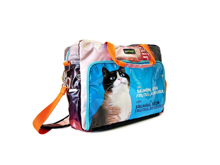 computer bag pet food package blue with black & white cat