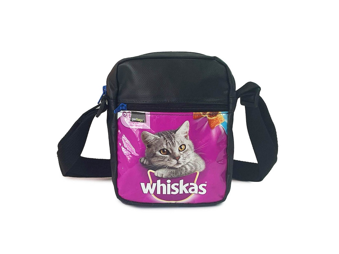 Crossbody bag pink & black cat food packages