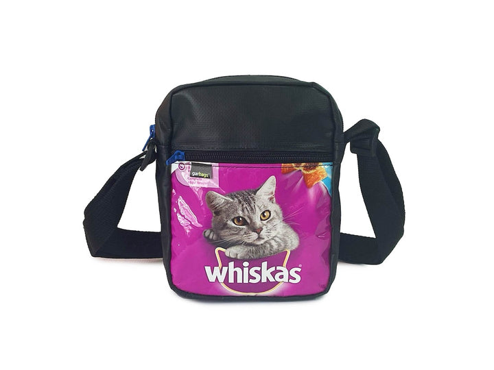Crossbody bag pink & black cat food packages