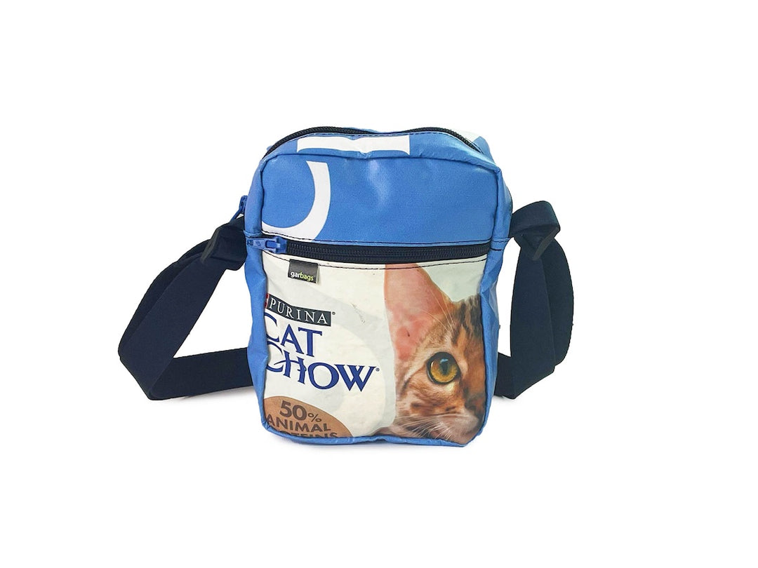 Crossbody bag white & blue cat food packages