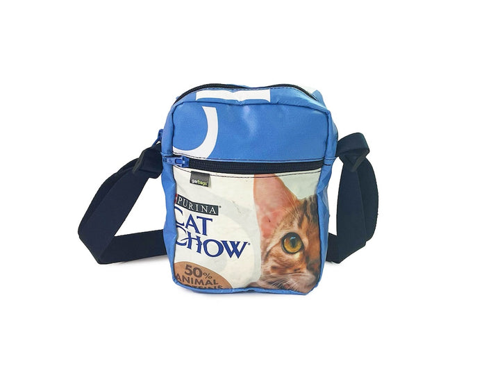 Crossbody bag white & blue cat food packages