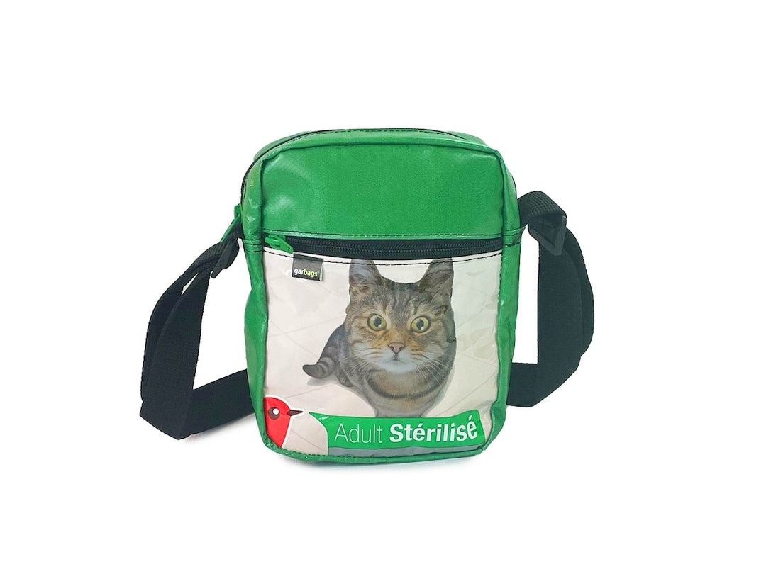Crossbody bag green & black cat food packages