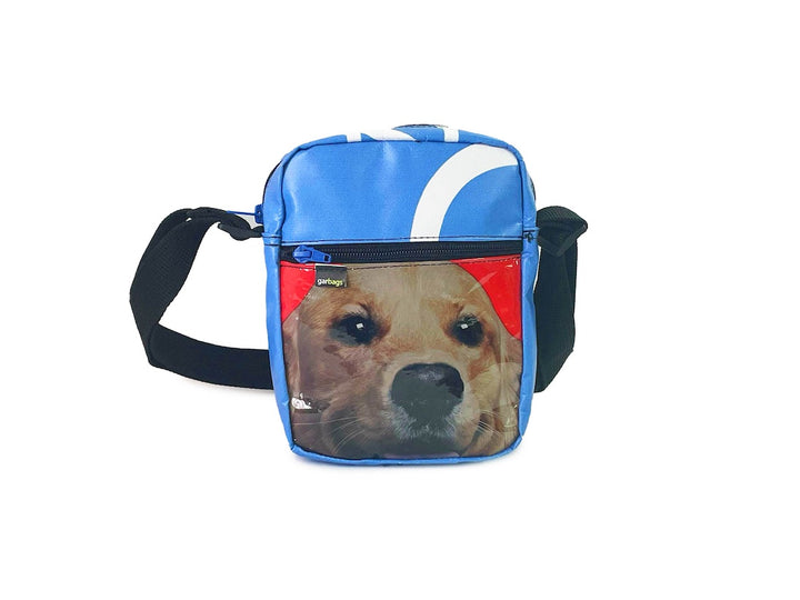 Crossbody bag white & blue dog food packages