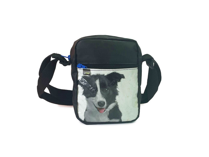 Crossbody bag black & white dog food packages