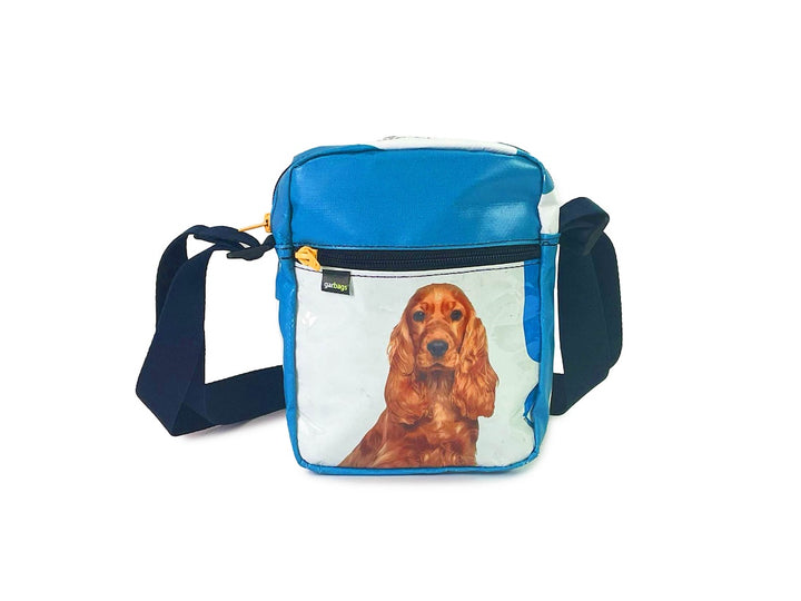 Crossbody bag blue & orange dog food packages