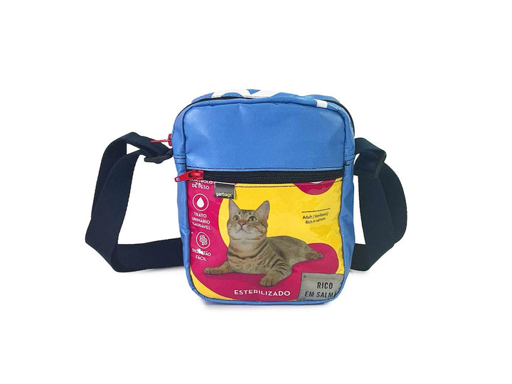 Crossbody bag pink, yellow & blue cat food packages