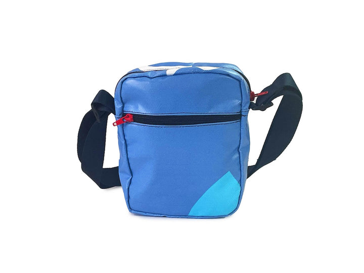 Crossbody bag pink, yellow & blue cat food packages