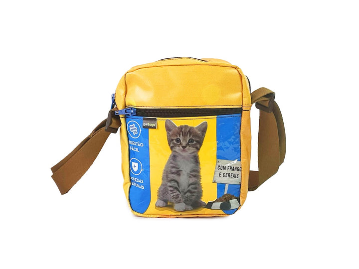 Crossbody bag yellow & blue cat food packages