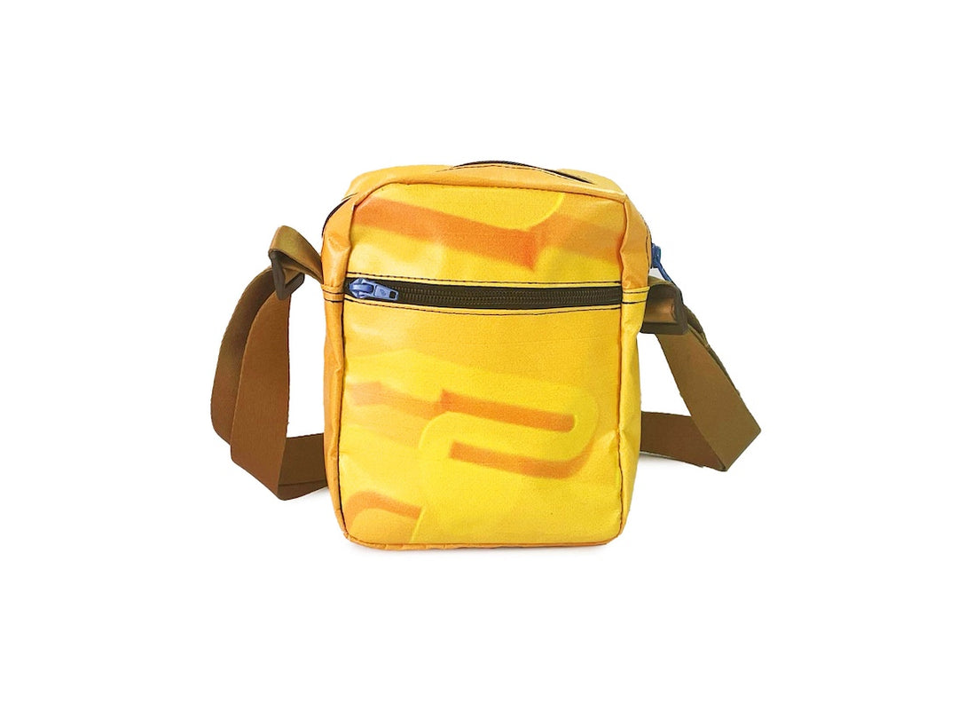 Crossbody bag yellow & blue cat food packages