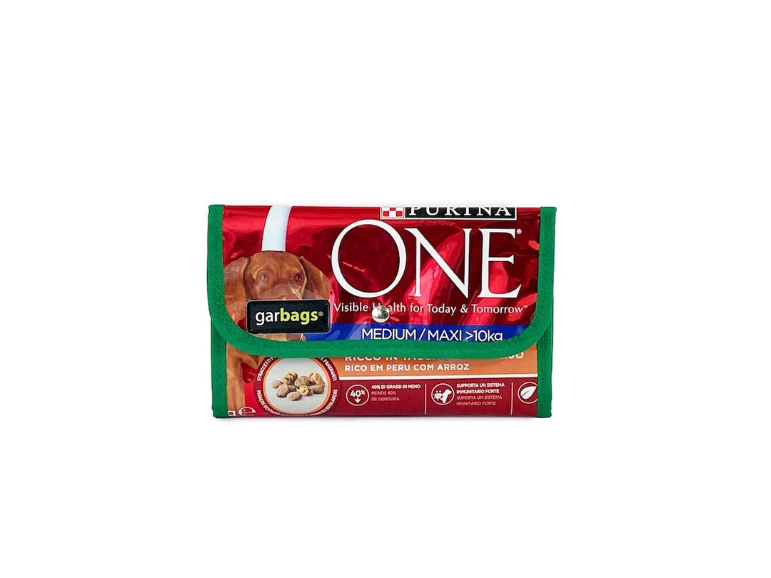 document holder pet food package green & red