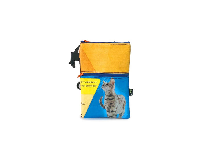Crossbody Phone bag pet food package grey, blue & yellow