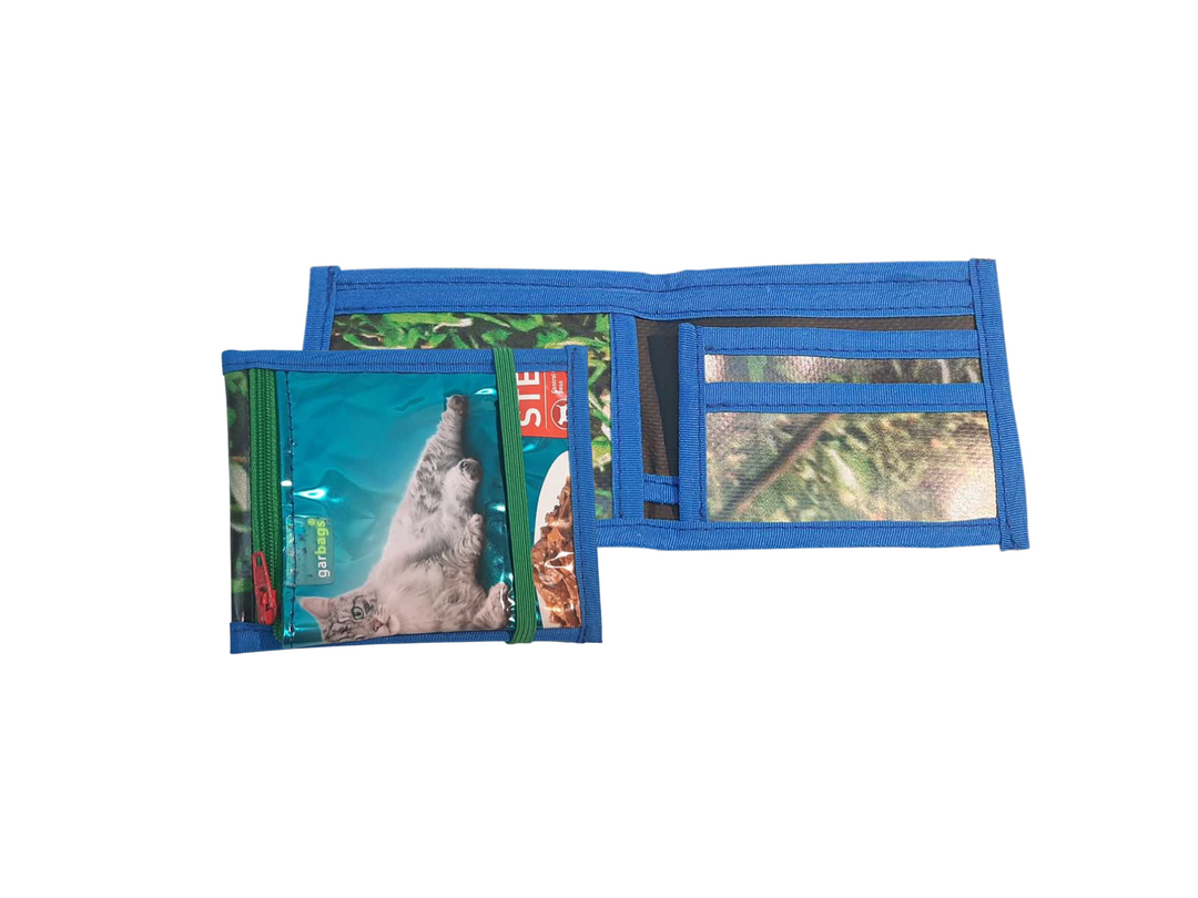 document holder cat food package shiny blue