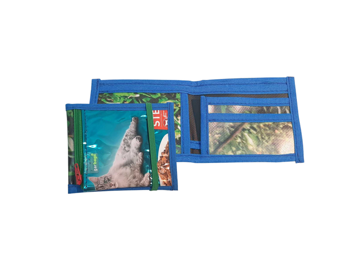 document holder cat food package shiny blue