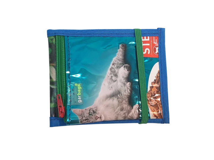 document holder cat food package shiny blue