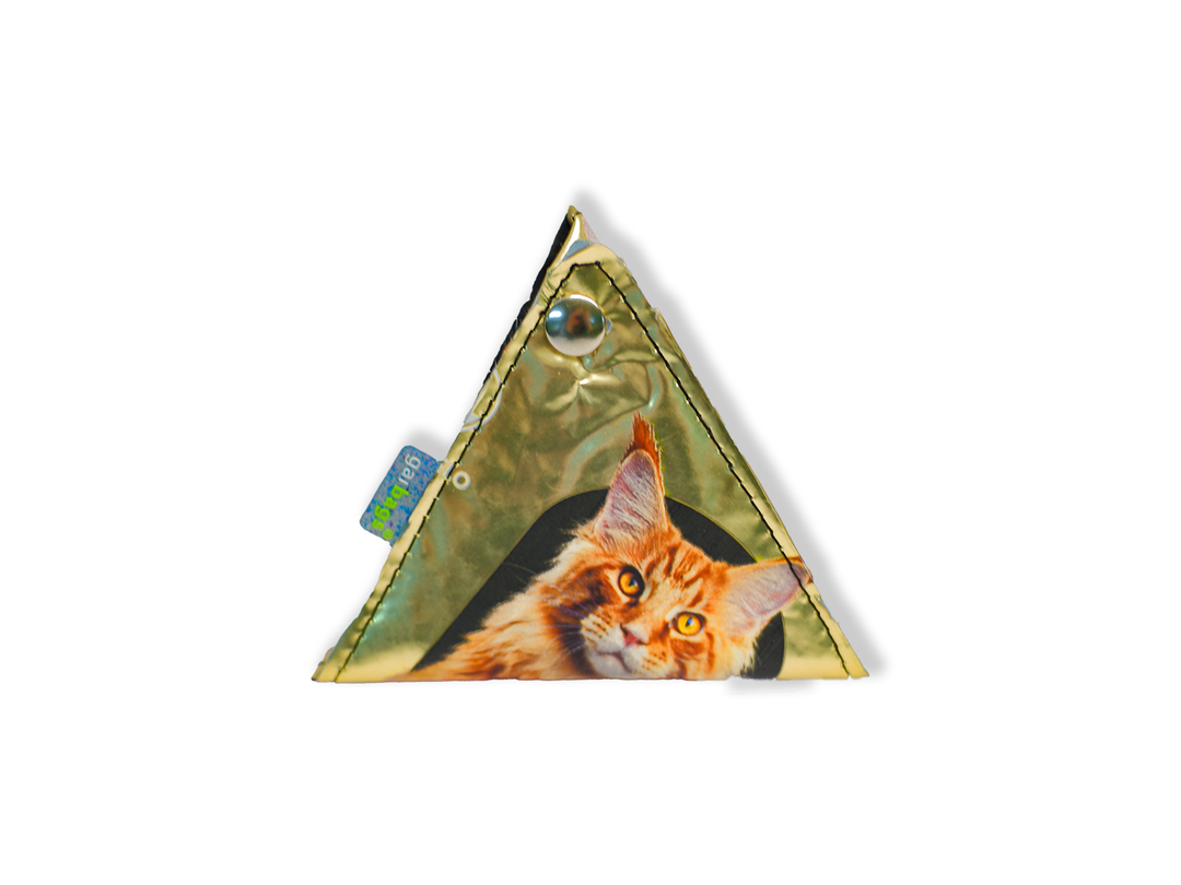 triangle purse cat food package gold & orange
