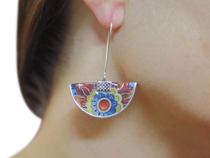 long earrings deep blue & yellow flowers coffee capsules