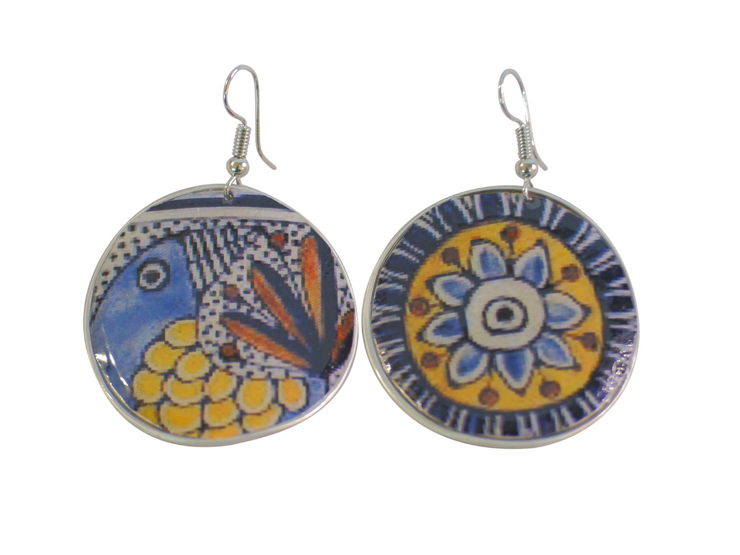 hook earrings yellow & blue abstract coffee capsules