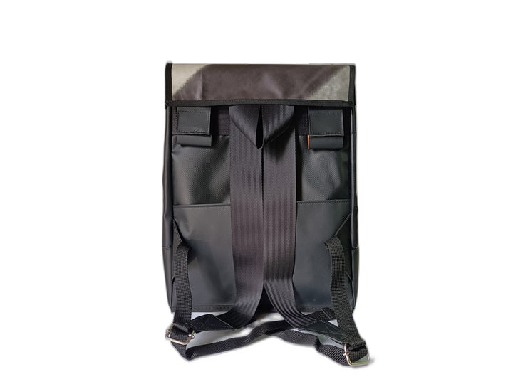 backpack publicity banner black and white