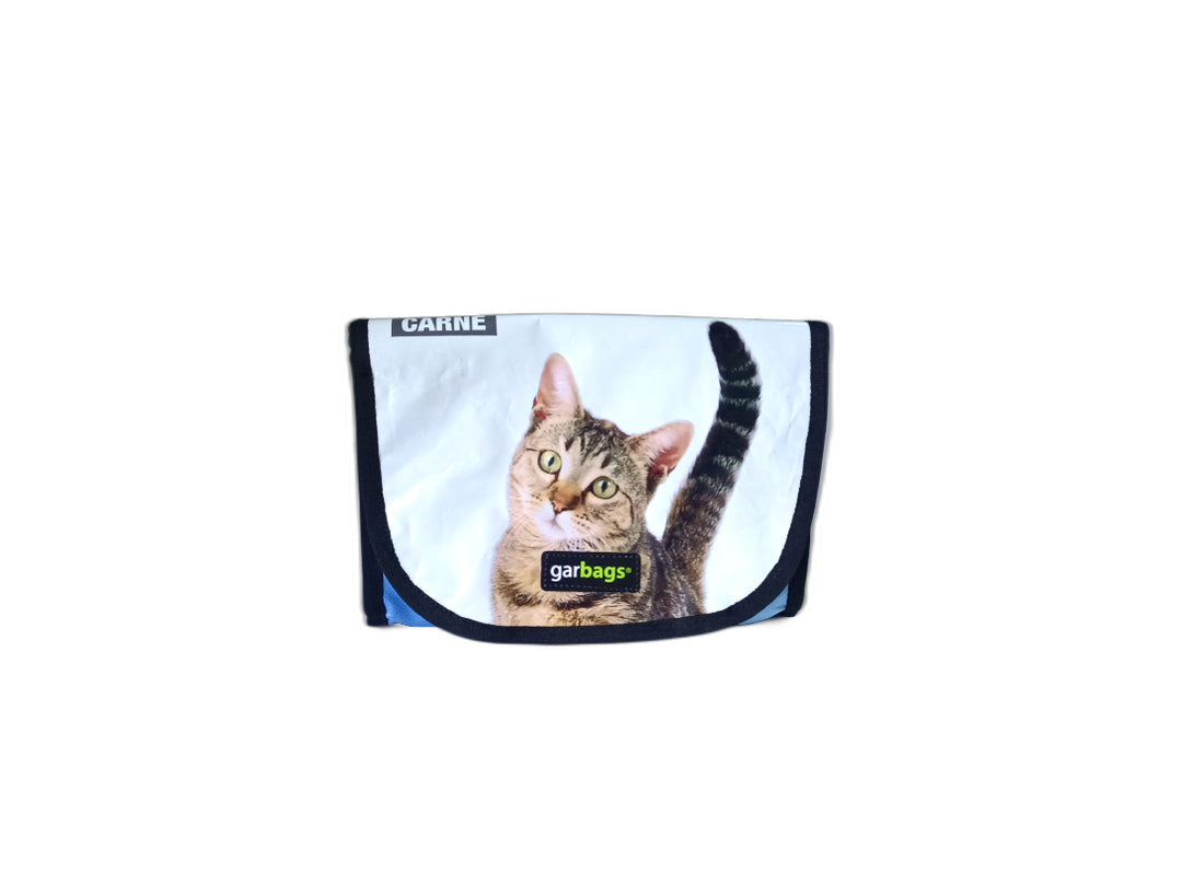 handlebar bag pet food package blue and white & brown cat