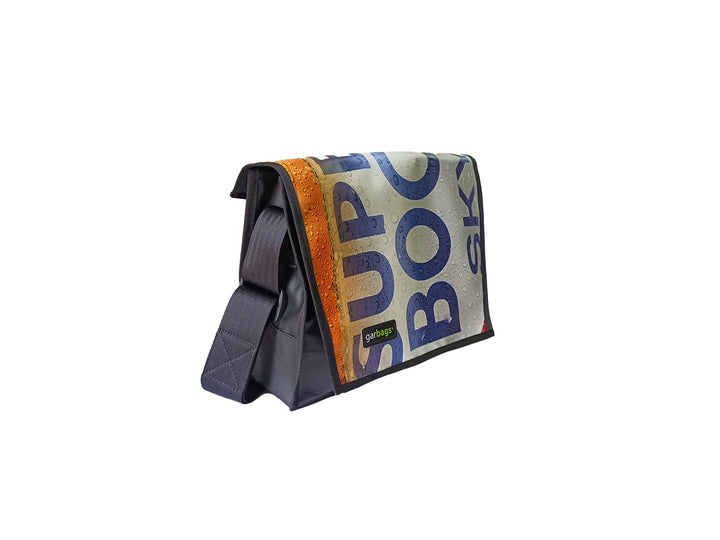 messenger bag M publicity banner white, yellow & blue letters