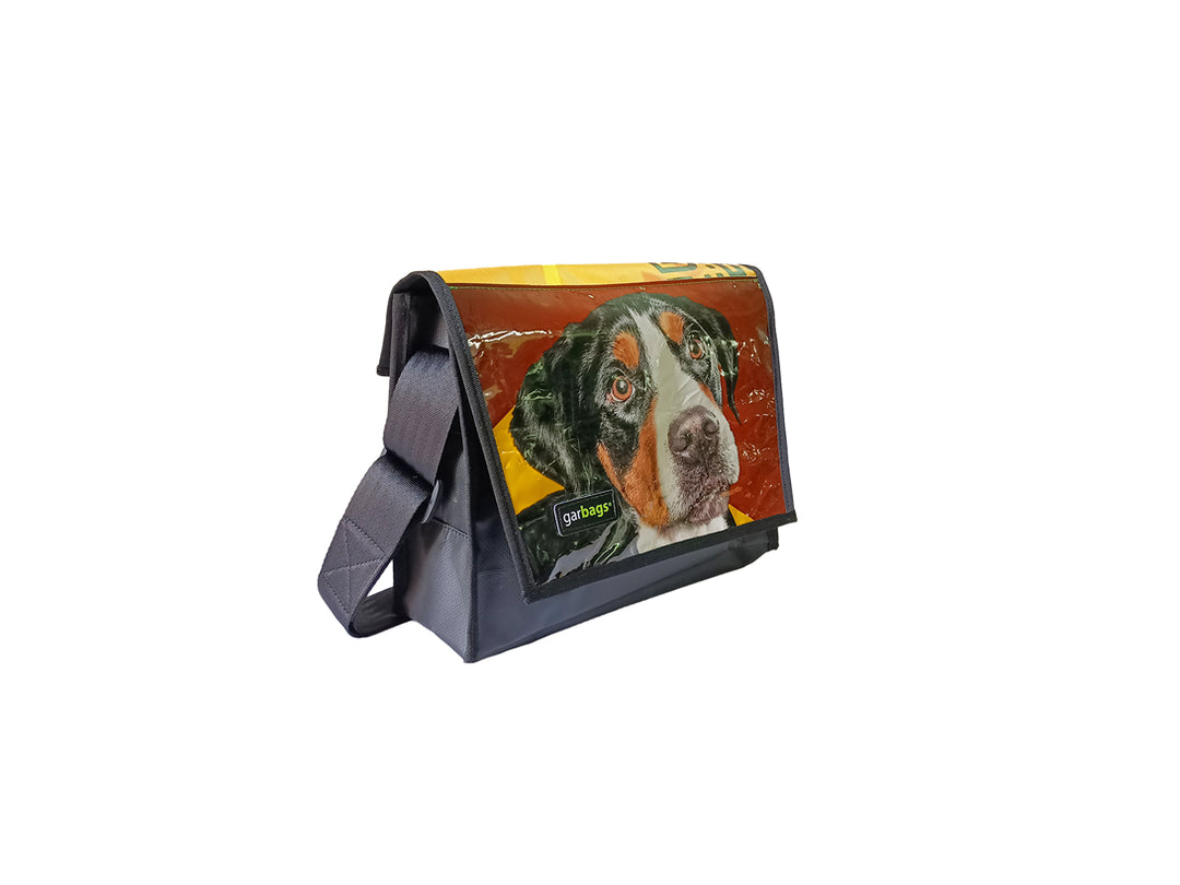 messenger bag M pet food package brown and yellow with dog