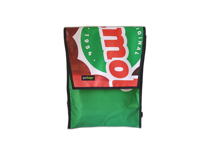 backpack publicity banner green, red and white