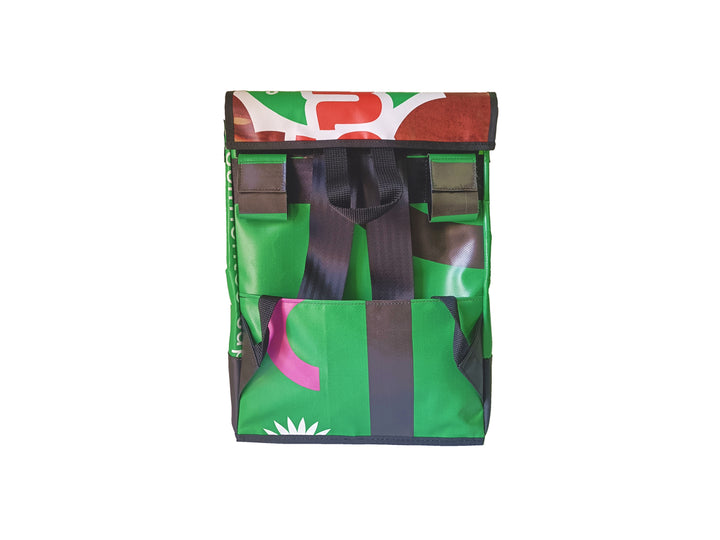 backpack publicity banner green, red and white