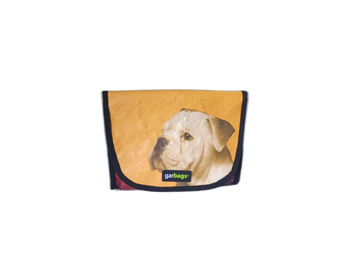 handlebar bag pet food package yellow and white dog