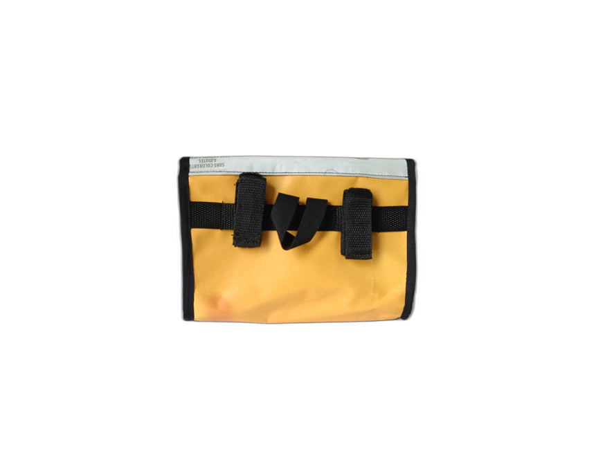 handlebar bag pet food package yellow and white dog