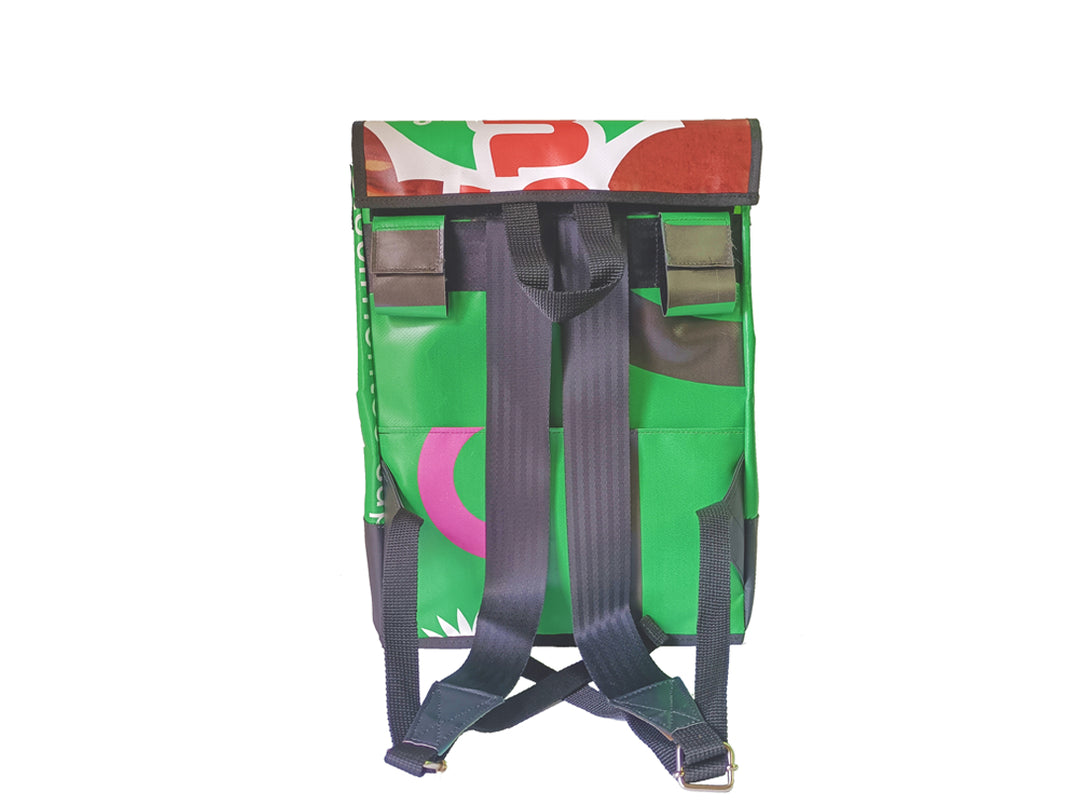 backpack publicity banner green, red and white