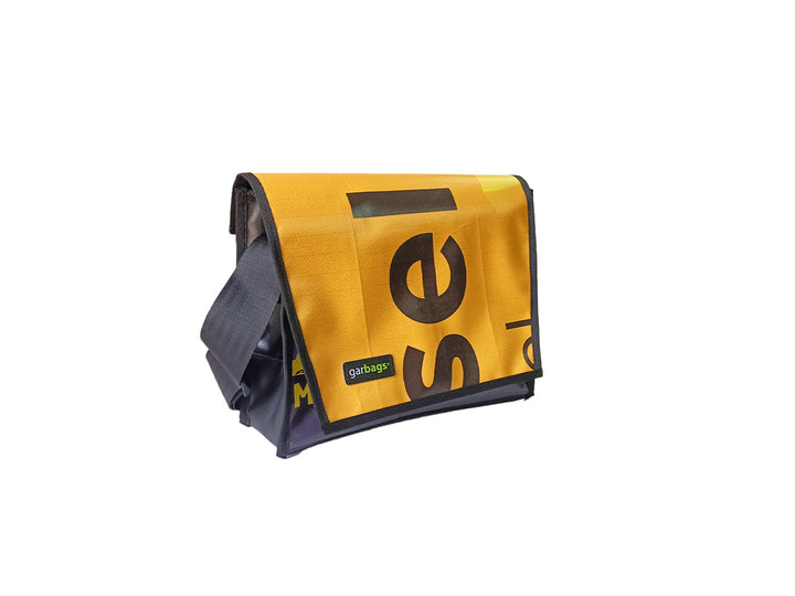 messenger bag / bike handlebar XS publicity banner yellow, purple & black letters