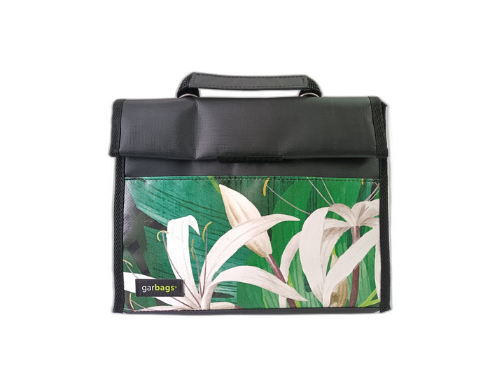 Lunch Bag publicity banner green and white lilies