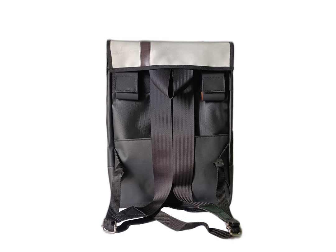 backpack publicity banner black and white