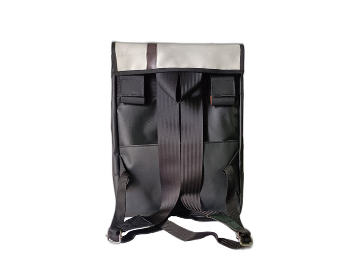 backpack publicity banner black and white