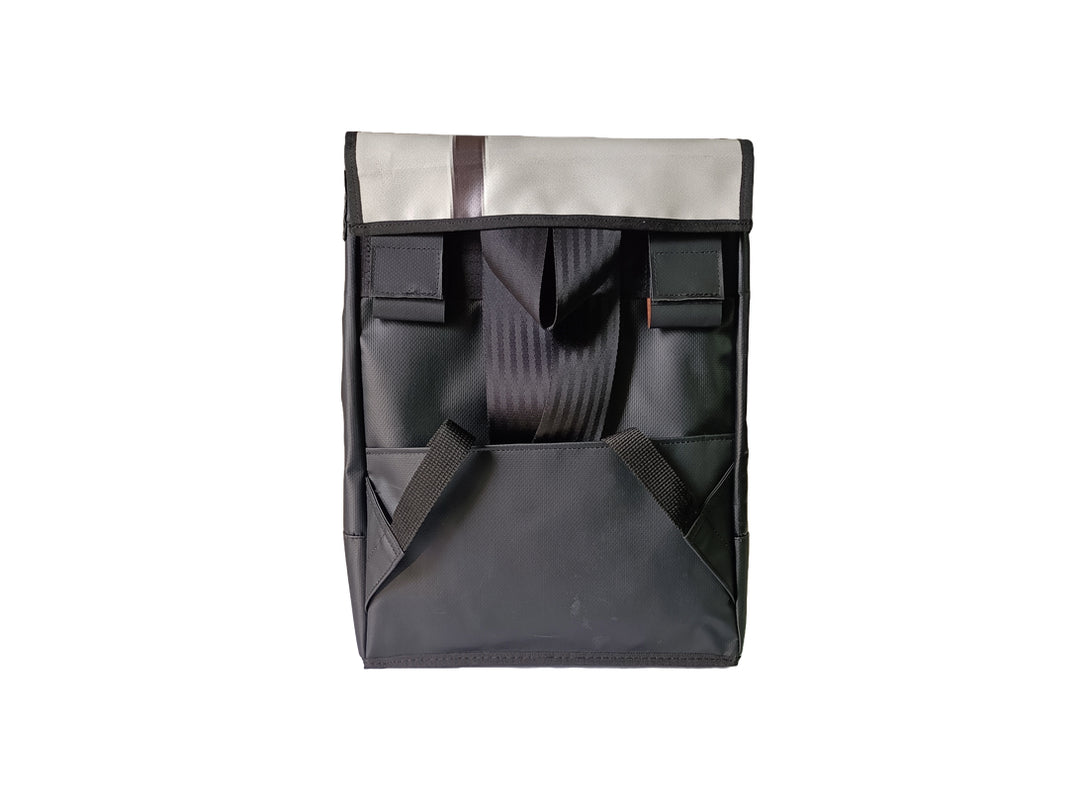 backpack publicity banner black and white