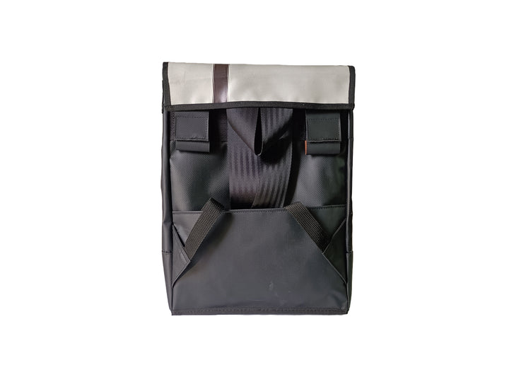 backpack publicity banner black and white