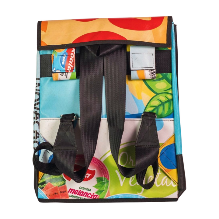 backpack publicity banner blue, yellow & red
