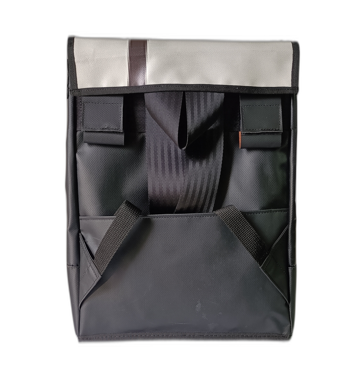 backpack publicity banner black and white