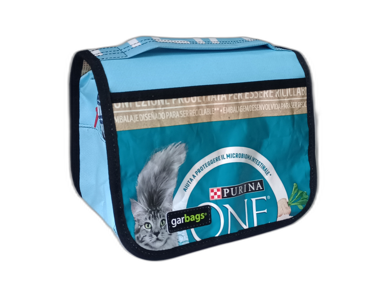 toiletry bag pet food package blue and white & grey cat