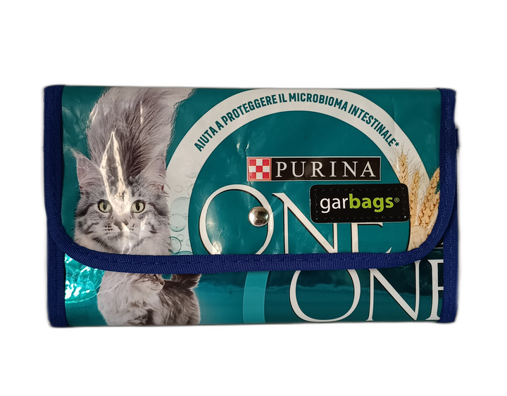 document holder pet food package blue and white letters & grey cat