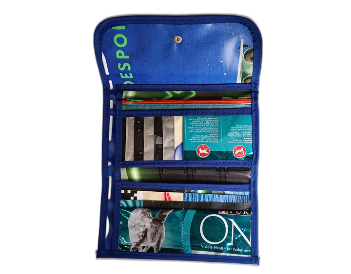 document holder pet food package blue and white letters & grey cat