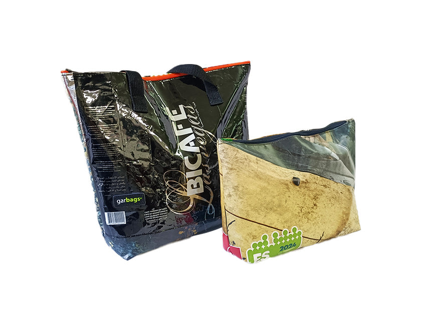 Shopping Bag With Clutch coffee package black and silver