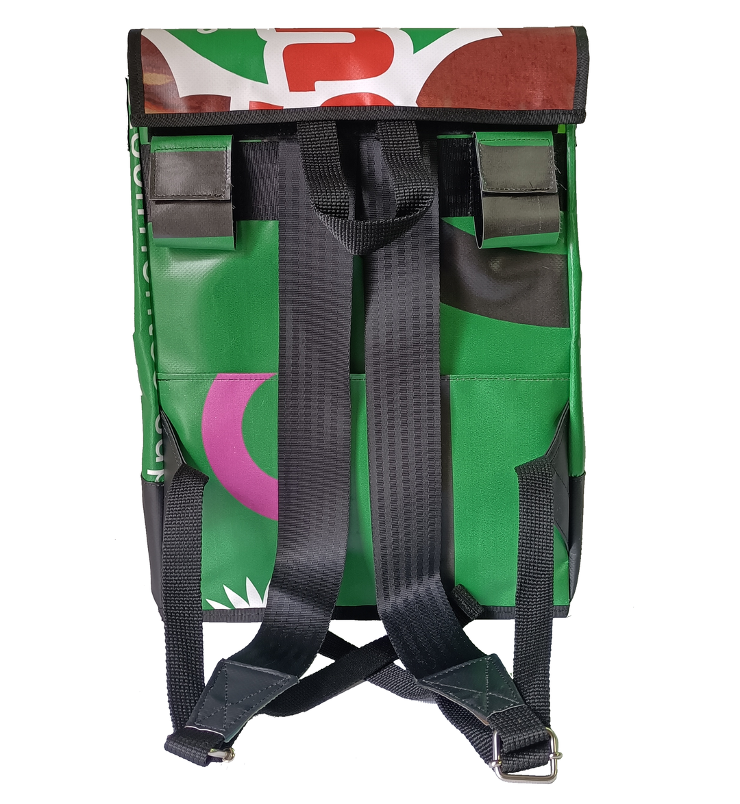 backpack publicity banner green, red and white