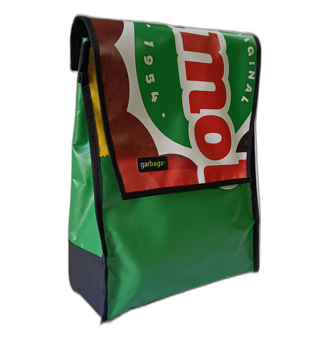 backpack publicity banner green, red and white