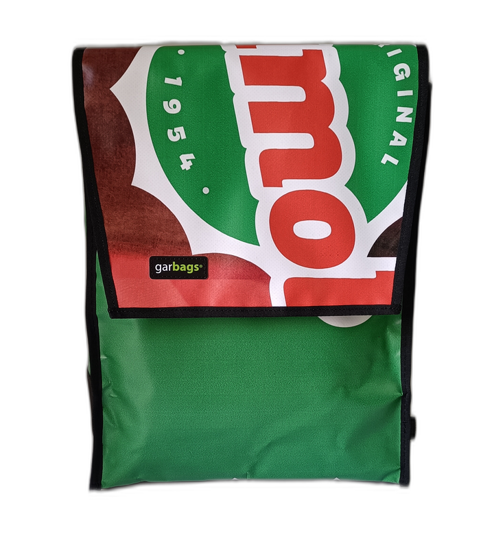 backpack publicity banner green, red and white