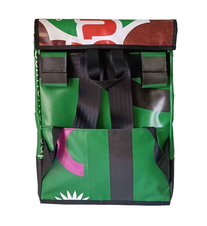 backpack publicity banner green, red and white
