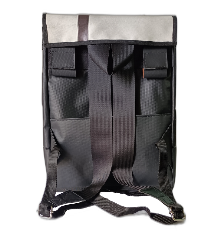 backpack publicity banner black and white